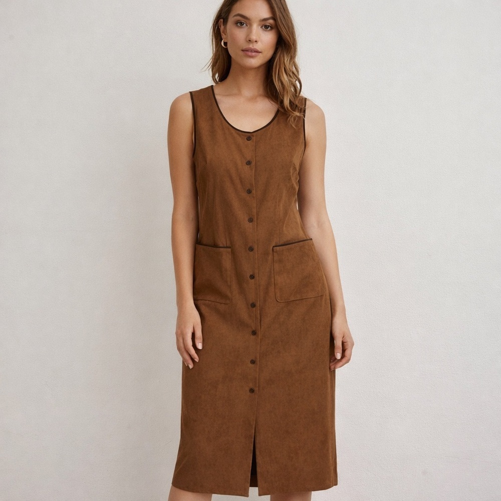 Orvis Brown Faux Suede Button Front Midi Dress – Classic & Timeless 10